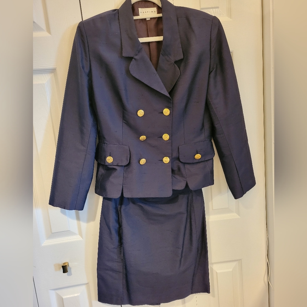 Vertigo Paris 2 Piece Jacket Skirt Suit Set Dark Royal Blue